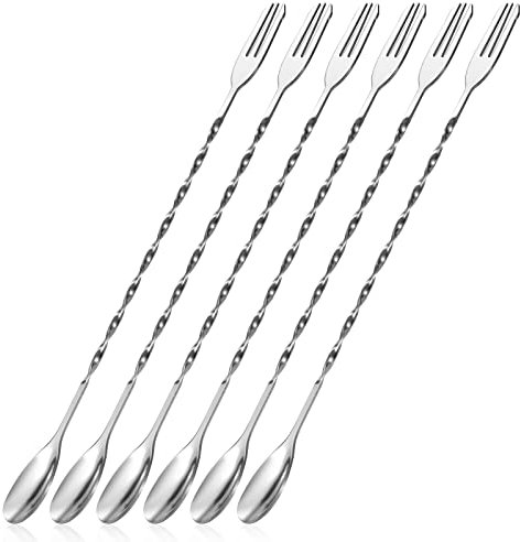 Cuillère à Cocktail Cuillère de Bar en Acier Inoxydable Cuillère à Mélanger Fourchette Long Manche en Spirale Cuillère à Agiter 32cm 6 Pièces (Argent)