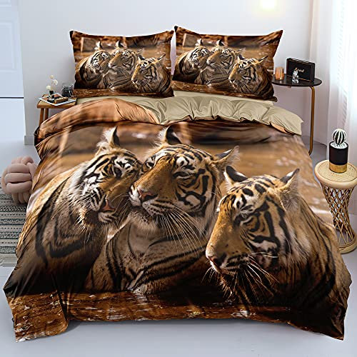 Gnomvaie Bettwäsche Tier 3D Tigers Thema 200x200 Braun Bettbezug Weich Mikrofaser mit Reißverschluss und Kissenbezug 80x80cm