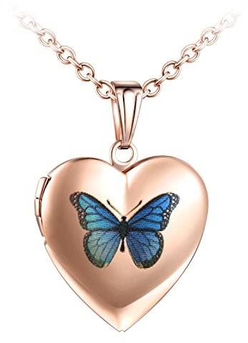Yumilok Collier Photo Personnalisé, Collier Pendentif cœur Médaillon en Acier Inoxydable, Pendentif papillon ouvrable or rose Photo Locket, avec chaîne 50cm, Collier commémoratif