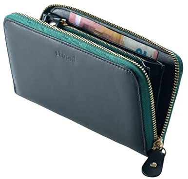 skaard Große Damen Geldbörse aus echtem Leder, Schwarz/Grün mit RFID-Schutz XL