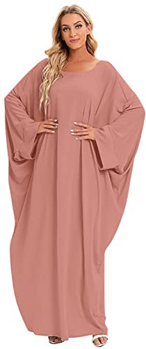 OBEEII Damen Dubai Farasha Kaftan Lange Ärmel Abend Party Hochzeit Kleid mit Gratis Schal Frau Fledermaus Ärmel Einfarbig Abaya Robe Kleid Muslimisches Gebetskleid für Damen Rosa Einheitsgröße