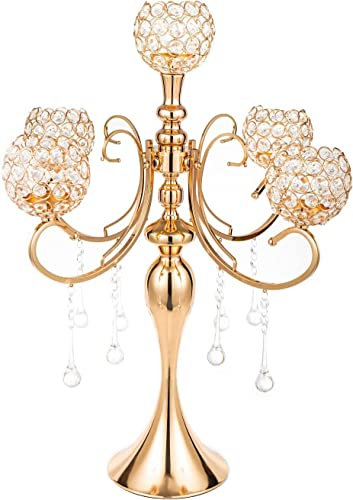 5-Arm Gold Candelabra Candle Holder Crystal Centerpieces for Table Decor 65cm Tall Elegant Design Wedding Gifts