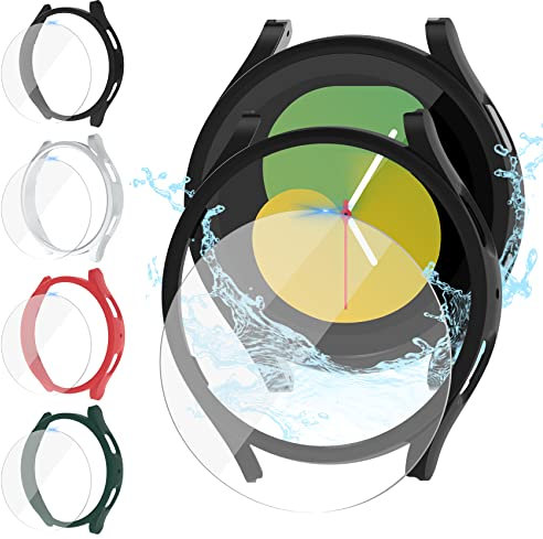 Jvchengxi [4+4Piezas] Funda Protectora Mate 40mm para Samsung Galaxy Watch 5/4 / FE, PC Funda Protector + Dureza 9H Antiarañazos Protector de Pantalla de Cristal Templado (Negro+Plata+Verde+Rojo)