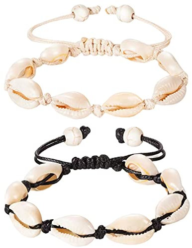 Liitata Lot de 2 bracelets de cheville en coquillage - Bracelet de cheville naturel - Fait à la main - Style bohème - Réglable - Pour l'été - Hawaï - Bijoux de plage pour femmes et filles - Blanc et