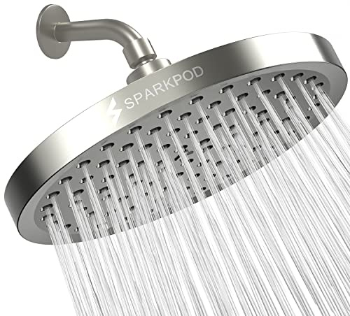 SparkPod Fixed Shower Head - High Pressure Rain - Luxury Modern Look - Easy No-Tool Installation - Perfect Adjustable Replacement for Your Bathroom Shower Heads (20 cm Round, Elegant Brushed Nickel)