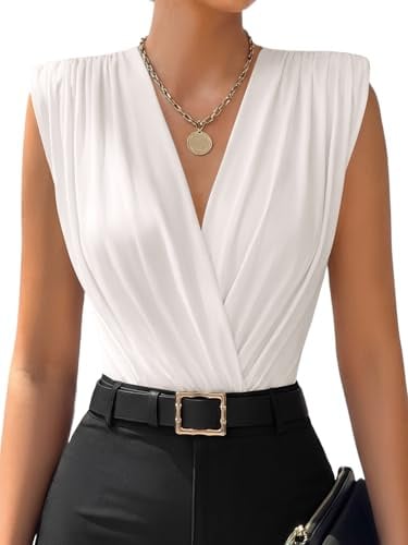 LYANER Women's Wraped V Neck Work Bodysuit White Large