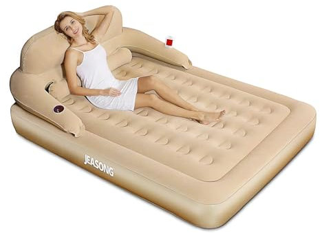 JEASONG Air Mattress with Headboard, Fast Inflation/Deflation Inflatable Airbed, 9 Inches（30 cm High Blow Up Bed with Comfortable Flocked Top for Home Guest Travel Camping (BEGIE)