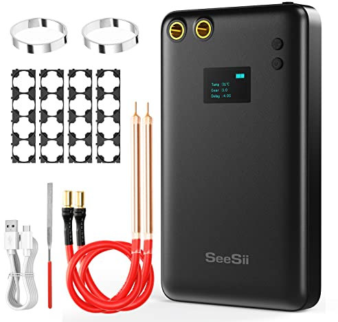 Spot Welder, Seesii 80 Gears Adjustable Portable Welder with LCD Screen,Built-in 6000ma-h Battery 5m Nickel & 4X4 Holders for 0.1/0.15mm Strip Welding Making Packs, Black