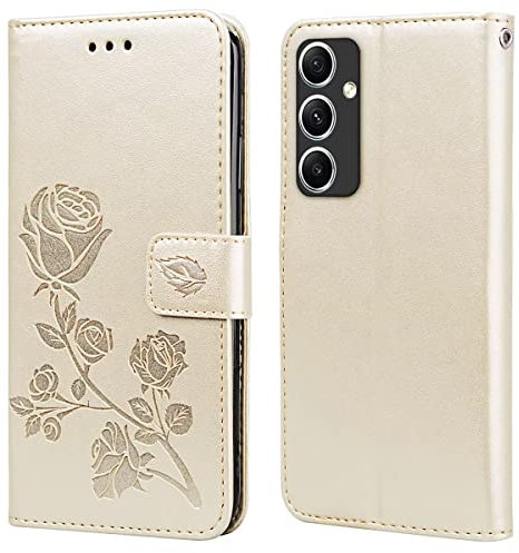 RankOne Étui Portefeuille en Cuir pour Samsung Galaxy A34 5G (6.6 inches), avec Porte-Cartes Rose Pattern Design Cover Coque Housse Case - Or