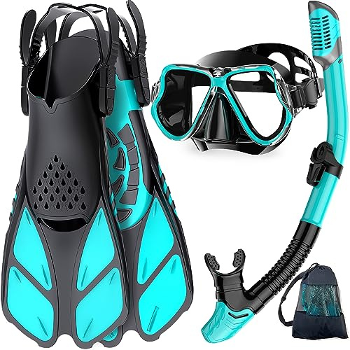 Zenoplige Snorkel Set Adults with Flippers, Snorkel Mask with Adjustable Swim Fins, Snorkelling Packages with Carrying Bag for Beginners and Snorkelers