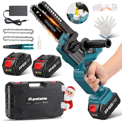 Supstable Mini Kettensäge mit Akku 8 und 6 Zoll, 8000 mAh Elektro Kettensäge mit Automatischem Öler und Werkzeugloser Kettenspannung, Kompatible mit Makita Akku 18V, 900W Einhand Astsäge für Holz, Ast