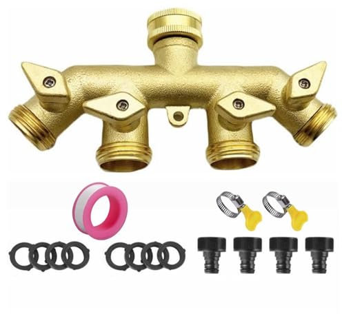 4 Way Brass Tap Connector,Hose Pipe Splitter 3/4 Inch Hose Connector with Individual Shut Off/ON Valve for Gardening Irrigation