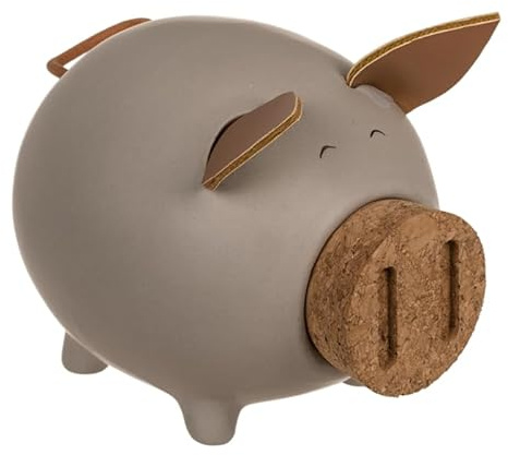 Keramik-Sparschwein mit Ohren und Schwanz. Original Spardose mit Korkenverschluss im Schnauzbart. (Grau)