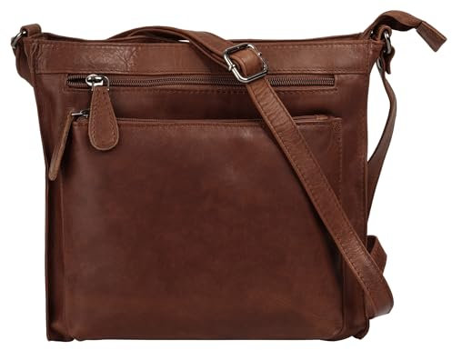 Cluty Umhängetasche Echt Leder Damen | Smartphonefach, Handtasche aus Rindleder, Crossbody Bag, Messenger Bag mit Reißverschluss, Vintage Umhängetasche cognac | 022071