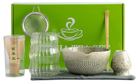 BAMFY Conjunto de té matcha de 7 piezas, utensilio de bambú, estilo japonés, marrón y blanco