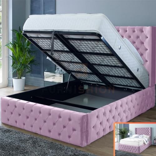 Furnishion Small Double Bed with Storage - Pink Plush Velvet Small Double Ottoman Bed with Mattress Included - Upholstered Wingback Bed
