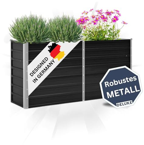 DELUKE Hochbeet für Garten Oskar Anthrazit | 160x40x77cm | Verzinkter Stahl | Wetterfest | Gartenbeet Kräuterbeet Blumenbeet Beet hoch Frühbeet für Garten Gemüsebeet