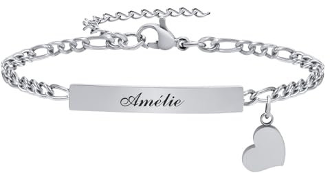 Gamtic Bracelet Personnalisé Chaine Reglable, Bracelet Gravé Prénom Date Coeur en Acier Inoxydable Chaîne Figaro Cubain Argenté, Bijoux Cadeaux pour Les Femmes Petite Amie (Longueur Réglable 15-20cm)