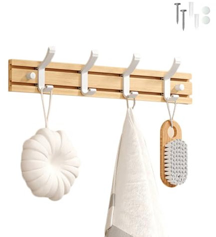 Koomuao Jumuao Porte Manteau Bambou Mural, Patères 4 Crochets pour Suspendre Vêtements, Peignoirs, Serviettes, Manteaux Crochet Mural pour Entrée, Chambre, Salle de Bain (Blanc-4 Crochets)