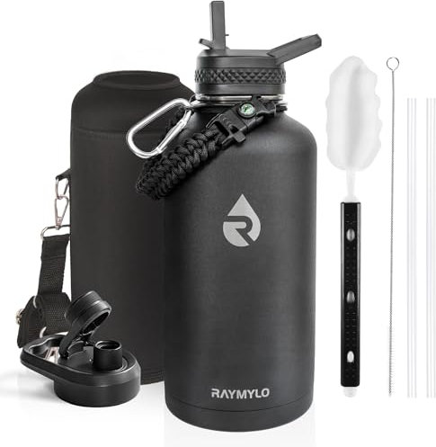 RAYMYLO Isolierte Wasserflasche, 2,5 l, dreiwandig, vakuumiert, Edelstahl (kalt für 48 Stunden), auslaufsicher und BPA-frei, moderne Wasserflasche mit Paracord-Griff und Strohhalm-Auslaufdeckel,