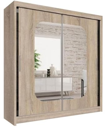 FURNITUREWAVE Alfa Sliding Door Wardrobe with Shelves & Hanging Rails White, Black, Grey & Oak Modern Furniture for Bedroom (120cm/150cm/180cm/203cm) (Oak, 203cm)