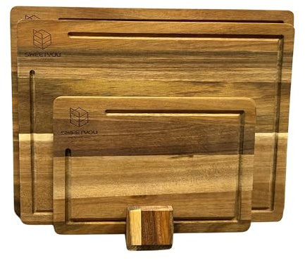 Planches à découper en bois pour la cuisine - Essentiels de l'appartement - Bois d'acacia avec support et bouchons en caoutchouc - Planche à découper essentielle pour la cuisine