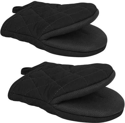 1 Pair Short Oven Mitts, Non-Slip Grip Surfaces and Hanging Loop Gloves, Heat Resistant Silicone Kitchen Mini Oven Mitts for 500 Degrees, Baking Grilling Barbecue Microwave Machine Washable (Black)