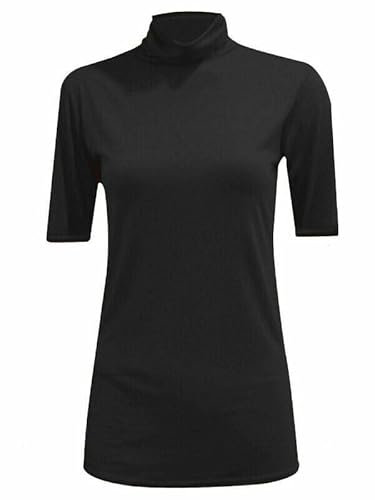 FASHION MY LOVE Womens Turtle Roll Neck Jumper Ladies Short Sleeves Roll Neck Jumper Plain High Neck Top Casual Wear Stretch Fitted Top T-Shirt Black