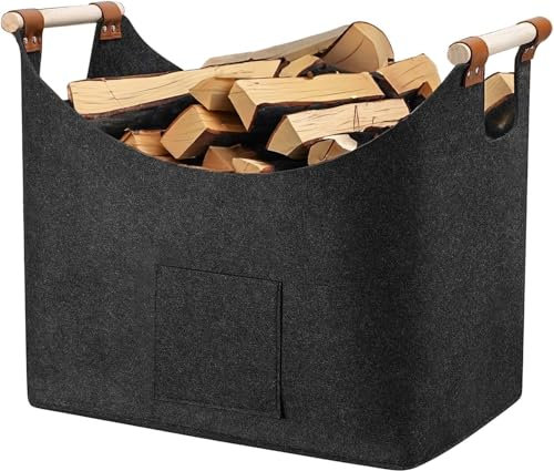 Cesta per Legna da Interno XXL - Porta Legna in Feltro con Maniglia, Pieghevole per Interni (55 * 32 * 40 cm, Grigio Scuro)