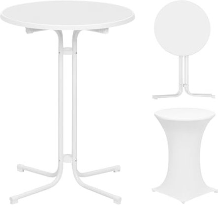 WOLTU Stehtisch klappbar, Bistrotisch mit Husse, Gartentisch wetterfest rund, Bartisch Ø 80 cm, Hochtisch 110 cm, Beistelltisch Indoor Outdoor, für Garten Party Hochzeit, Metallrohre, weiß