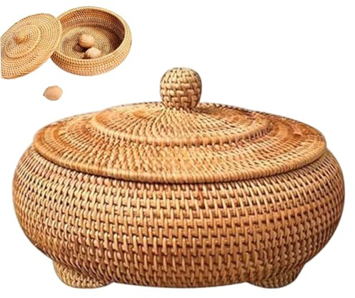 Caja de ratán con tapa, cesta redonda de mimbre tejida a mano de 8.7 pulgadas, caja decorativa de escritorio multipropósito, cesta de almacenamiento de mesa de pan de comida para la cocina de la casa
