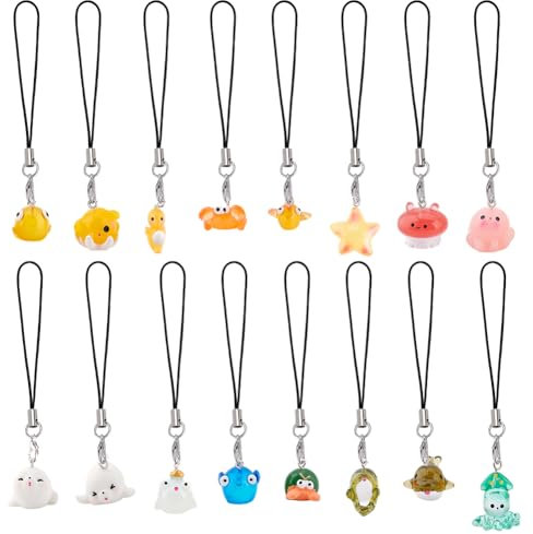 PLIGREAT 16 Stück Handy Gurt Charms Harz Ozean Tier Charms Niedliche Oktopus Seestern Krab Charms Lanyard für Frauen Männer Kawaii Fisch Anhänger für Handyhülle Schlüsselanhänger Rucksack Brieftasche