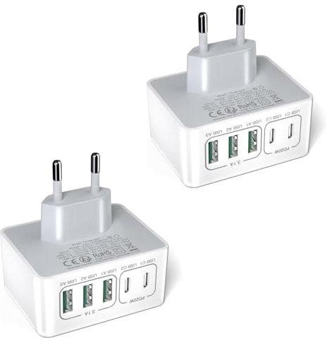 2er Pack USB ladegerät mehrfach ladestation, USB stecker 50W 5 Ports Schnellladegerät PD 3.0 Power Adapter USBC Netzteil für iPhone 16 15 14 13 12 11 Mini SE XS,iPad, Samsung, Handys