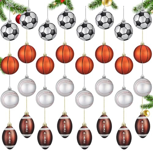 Syhood 32 Pcs Christmas Sport Ball Ornaments with Hanging Loop Rugby Theme Basketball Baseball Football Tennis Christmas Tree Ornaments for Home Xmas Tree Party Decor 3.15 Inches