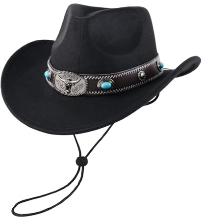 Aulivra Cowboy Hat for Men and Women with Rolled Brim Fall Winter Peach Heart Crown Wool Hat Adjustable Drawstring Fashionable and Stylish, String Cowboy hat (Black 1)