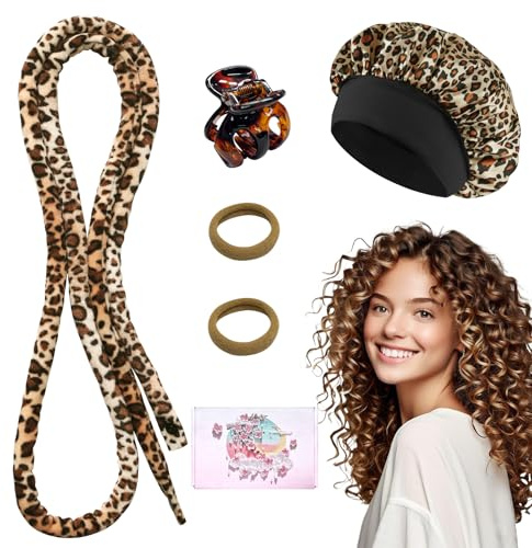 Baolivi Heatless Curls Lockenwickler Über Nacht, Kleines Locken Ohne Hitze Locken Über Nacht Heatless Overnight Curls Band, 5 PCS Lockenwickler Set mit Schlafmütze für Lange Haare (Leopardenmuster)