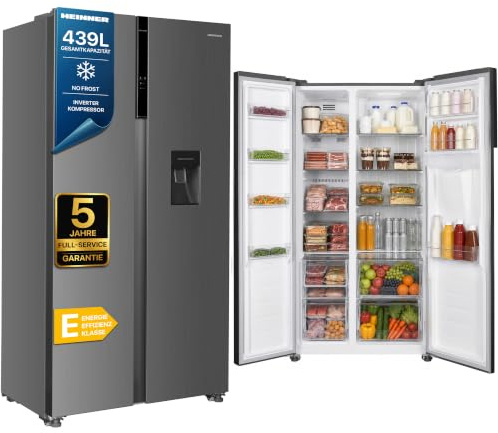 HEINNER HSBS‑H439NFXWDE+++ Side-by-Side Kühlschrank – 439 L, Energieklasse E, Frost-Free, LED-Display, Multi-Air Flow, verstellbare Ablagen, Weiß, inkl. 5‑Jahres-Garantie (Anthracite, 439 Liter)