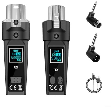 UHF Kabelloses Mikrofonsystem mit XLR-Sender und Empfänger für dynamische Mikrofone oder E-Gitarre, 510-590 MHz breite Frequenz, 110 dB Dynamikbereich, geringe Verzerrung (eins zu eins)