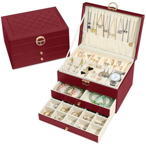 Granbest 3 Schichten Schmuckkästchen mit 2 Schubladen, Elegante Schmuckkasten, Leder Schmuckbox Ideal für Halsketten, Armbänder, Ringe und Ohrringe (Weinrot)