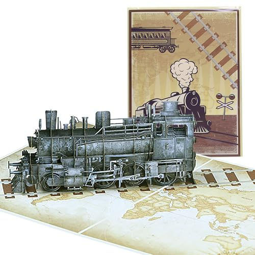Pop Up Karte Dampfzug & Weltreise – 3D Eisenbahn Geschenk für Männer, Geburtstag & Ruhestand – Premium Grußkarte mit Retro-Design für Bahnfans, Jubiläum und Lebensphasen-Wechsel