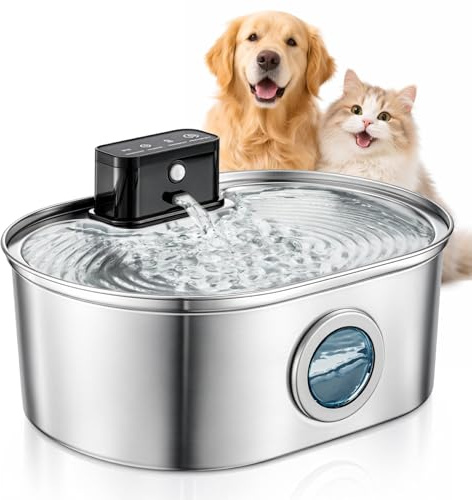 YORKING Stainless Steel Cat Water Fountain 4L/135oz, Automatic Pet Drinking Fountain with with Motion Sensor, Water Level Window, 3 Modes, Wireless Water Bowl for Cats and Dogs