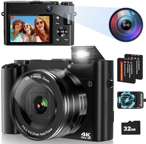 Digital Camera, 4K 64MP Autofocus Vlogging Camera for Photography and Selfies, Compact Camera with 32G SD Card 3'' LCD Screen 16X Digital Zoom Anti-Shake Flash Camera for Beginners Adults