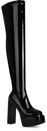TNMIUH Stivali sopra Il Ginocchio con Platform da Donna Stivali Coscia in Vernice Tacco Largo Alto 13,5 cm Sexy Scarpe da Festa, Nero Bianco Rosso