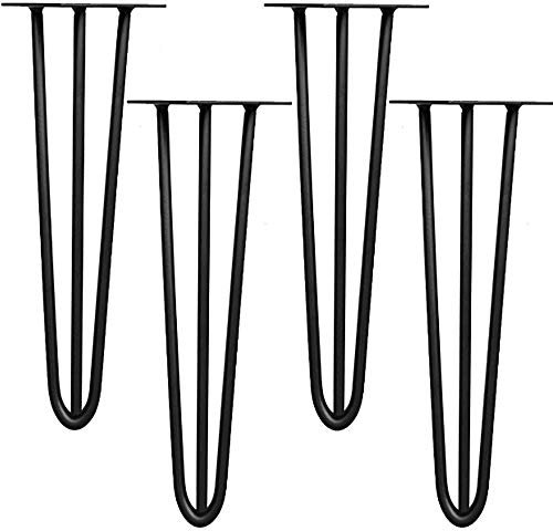 Melko 4 Stück Hairpin Legs Haarnadel Tischbeine aus 12 mm Stahl Tischfuß inkl. Bodenschoner | Höhe 60 cm, 3 Streben, Schwarz
