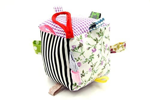 Baby Stoffwürfel Softwürfel Spielwürfel Activity Würfel mit Rasselball und Bändern für die Feinmotorik Handmade bab-Berlin