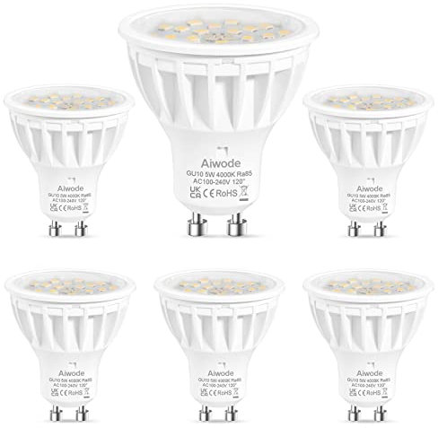 Aiwode 5W GU10 LED Lampe,Naturweiß 4000K,600LM RA85,Ersetz 50W Halogenlampe,Nicht Dimmbar,120°Abstrahlwinke GU10 LED Leuchtmittle,6er Pack.