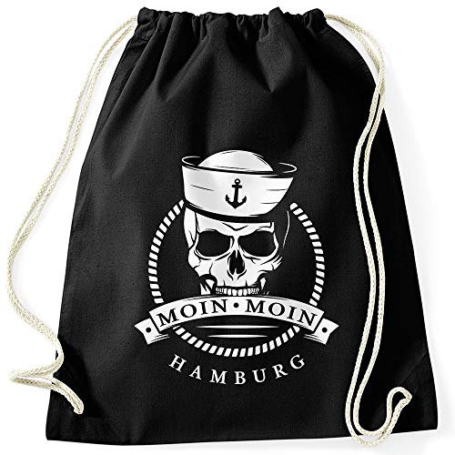 MoonWorks® Turnbeutel Totenkopf Matrose Anker Motiv Skull Emblem Schriftzug Moin Moin Hamburg schwarz Unisize