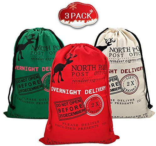 SumDirect 3 x Weihnachtsmann-Sack, große Leinentaschen mit Kordelzug für große Weihnachtsverpackung, Event-Party-Zubehör, Baumwolltasche, Partygeschenke, Geschenktüten 50 x 70 cm