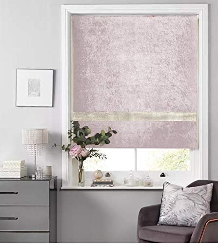 Crushed Velvet Blackout Dim Out Diamante Trim Roller Blinds, Child Safe - Easy FitBlush 120cm
