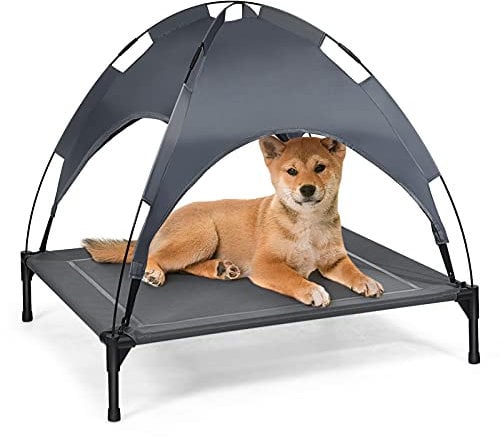 RELAX4LIFE Hundeliege, Hundebett mit Baldachin, Haustierbett für Indoor Outdoor Garten, Hundehütte aus atmungsaktivem Textilene, Liegeplatz für Haustiere Hunde bis 60 kg, grau (90 x 81 x 86 cm)